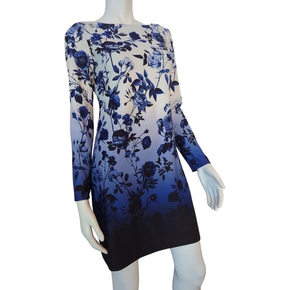 VINCE CAMUTO Blue White Ombre Rose Floral Sheath Dress Fully Lined Womens Size 4 - Picture 1 of 9